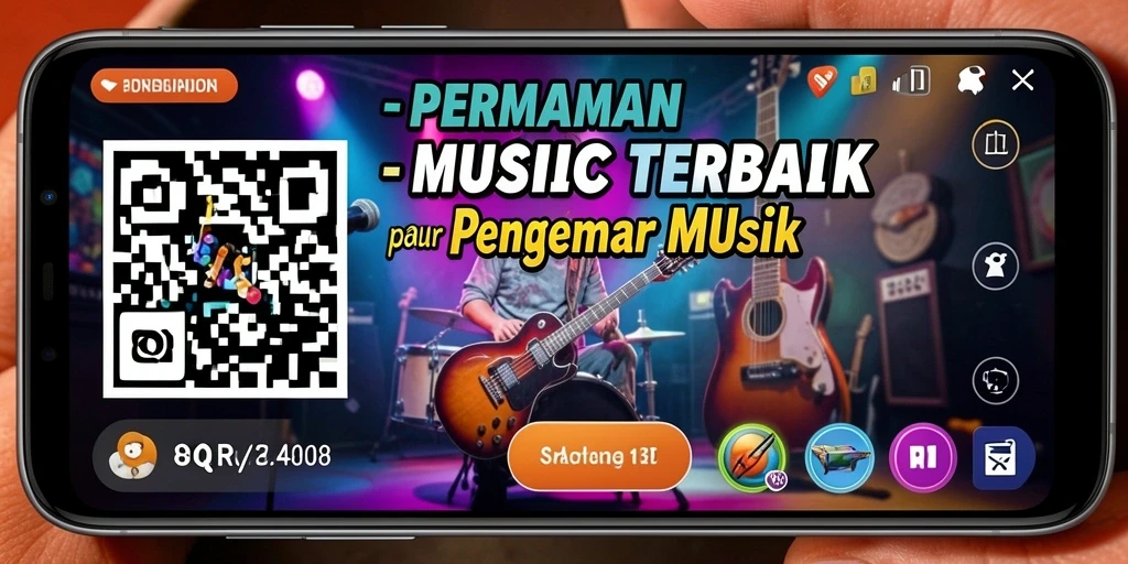 Tampilan utama <strong>8QR</strong> menampilkan antarmuka permainan musik yang interaktif.