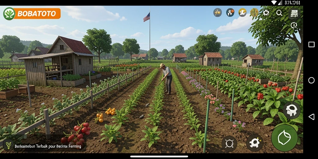 Screenshot gameplay <strong>BOBATOTO</strong> menunjukkan kebun yang indah dan tanaman yang subur.