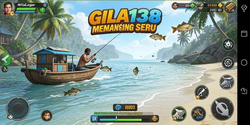 Screenshot gameplay menunjukkan momen menangkap ikan di danau.