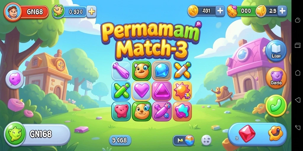Screenshot menunjukkan gameplay seru dengan permata berwarna dalam GN168.