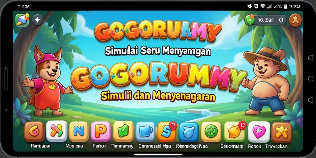 Screenshot gameplay GOGORUMMY yang menunjukkan interaksi karakter dalam simulasi.