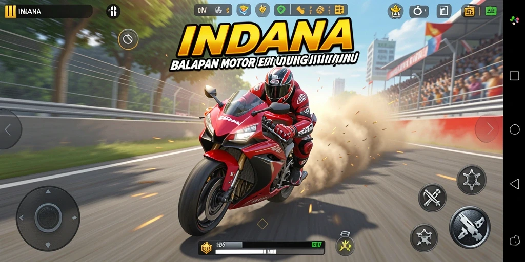 Tampilan gameplay seru dari INDAAA dengan sepeda motor balap.