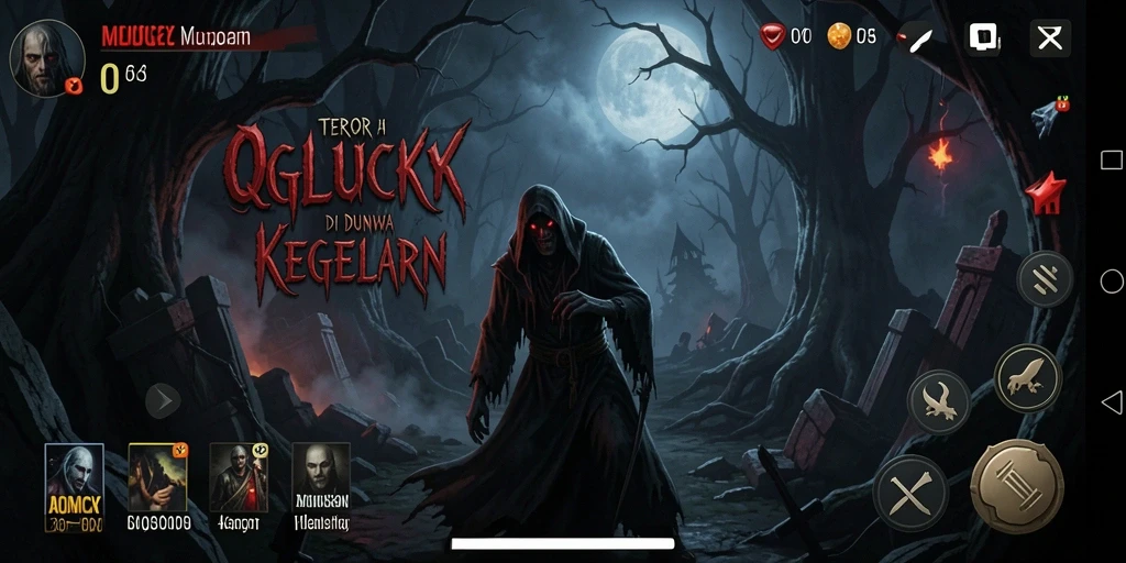 Screenshot QGLUCKY menampilkan suasana horor yang mencekam.