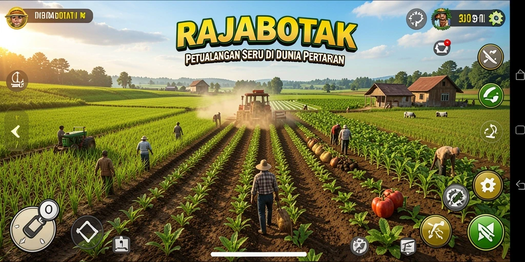 Screenshot gameplay RAJABOTAK yang menunjukkan kebun yang indah dan aktivitas bertani.
