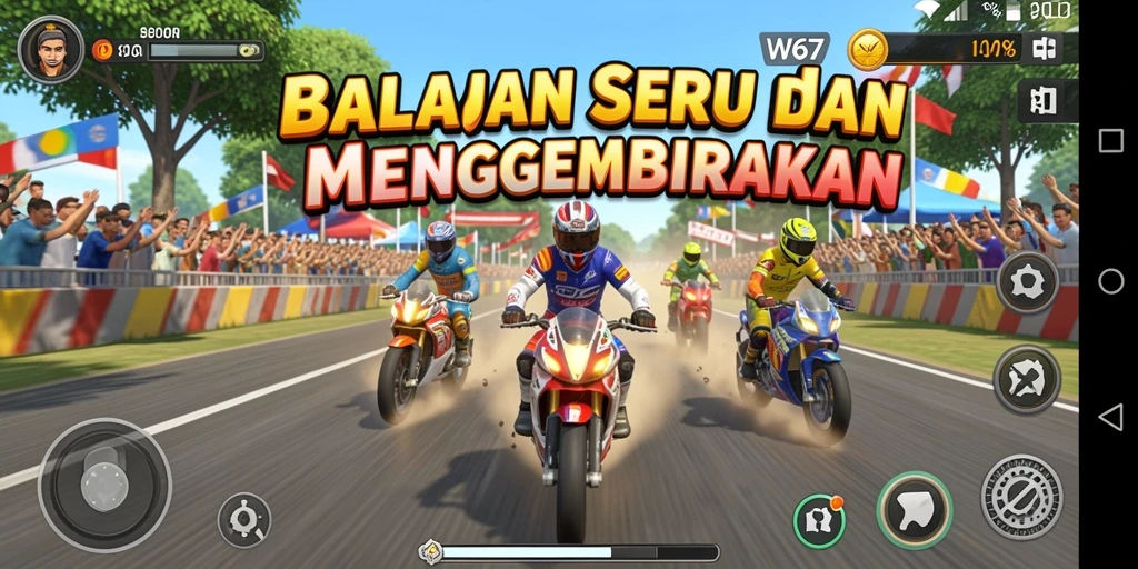 Screenshot gameplay W67 menampilkan aksi balapan yang mendebarkan.